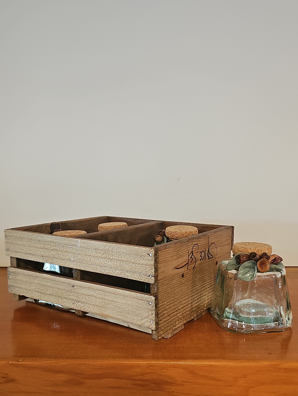 Set of 4 Vintage Rustic Glass Spice Jars - Acorn and Ceramic  Cork Tops